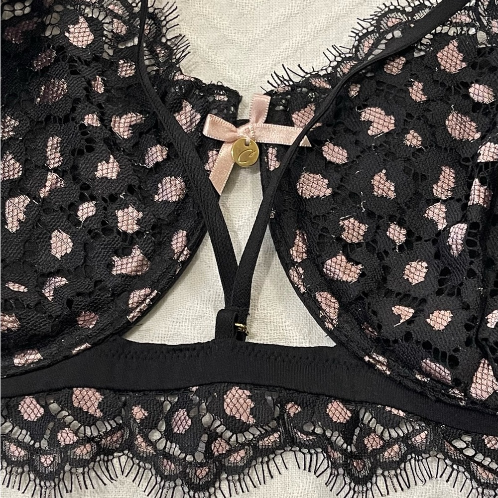Cacique Balconette Bra 42DD Underwire Black Lace Pink Hearts Sexy Support
NWT - Picture 3 of 9